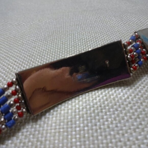 Tribal BLUE LAPIS & RED CORAL Handmade Sterling Bracelet 7 1/2" #889B - Picture 4 of 4